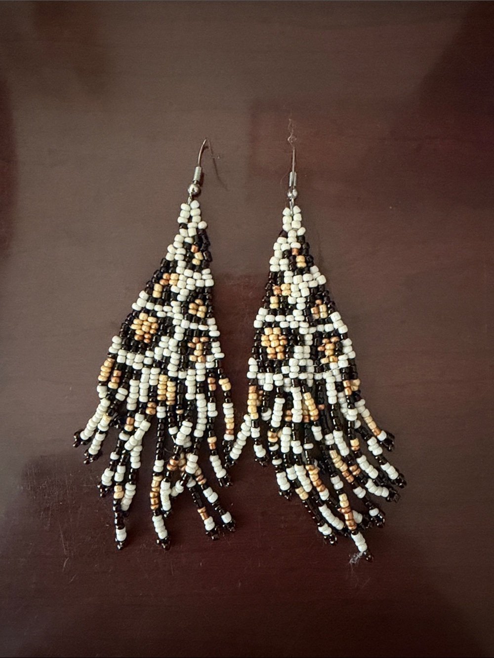 Handcrafted Black, White & Gold Beaded Fringe Earrings cheetah print